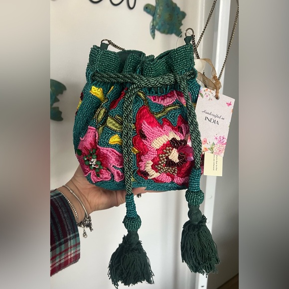Made in India Handbags - NEW Made in India Floral Drawstring Beaded Bag Tassel Closure VIRAL